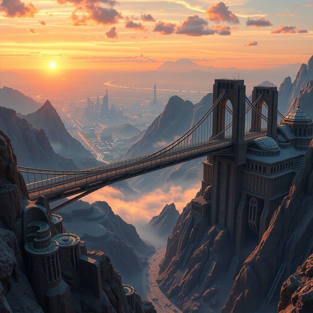 Futuristic Bridge Over Majestic Mountains