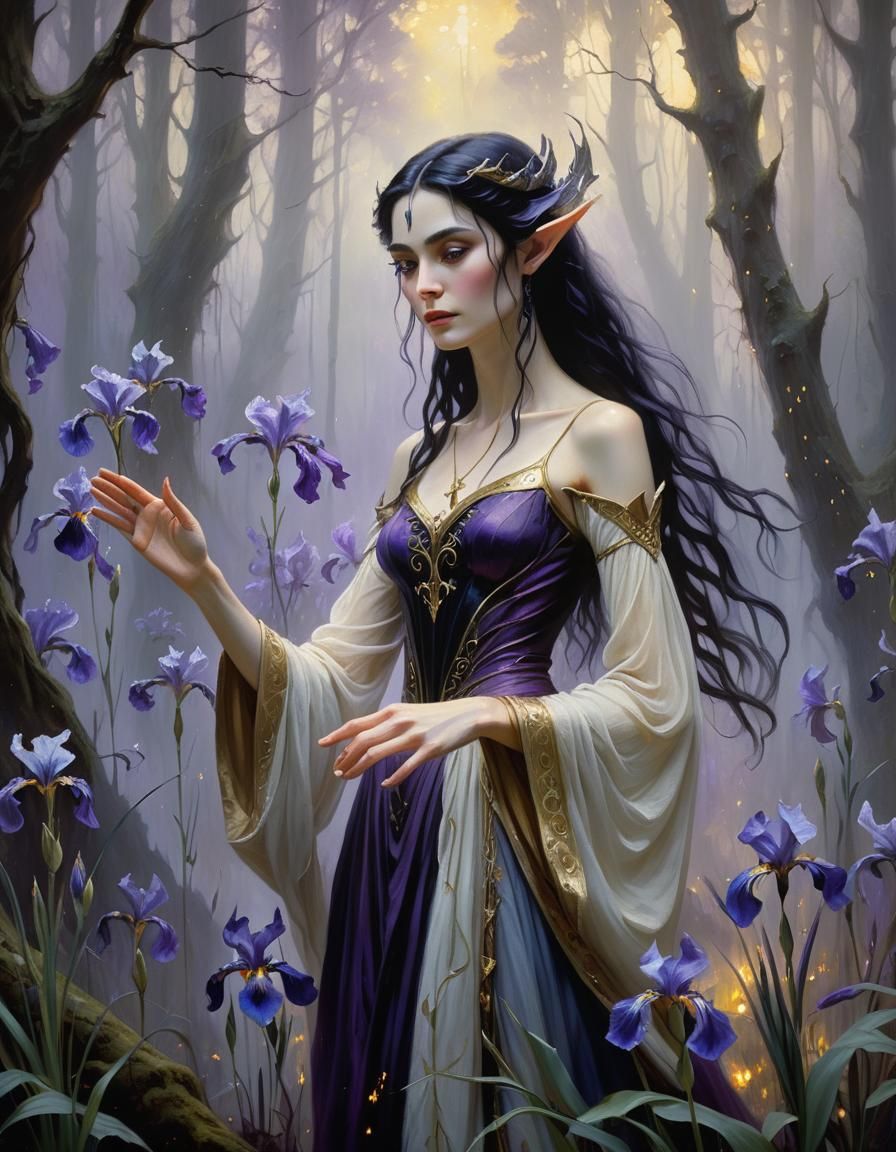 Elegant Elf Casting Magic in Dreamlike Oil Painting