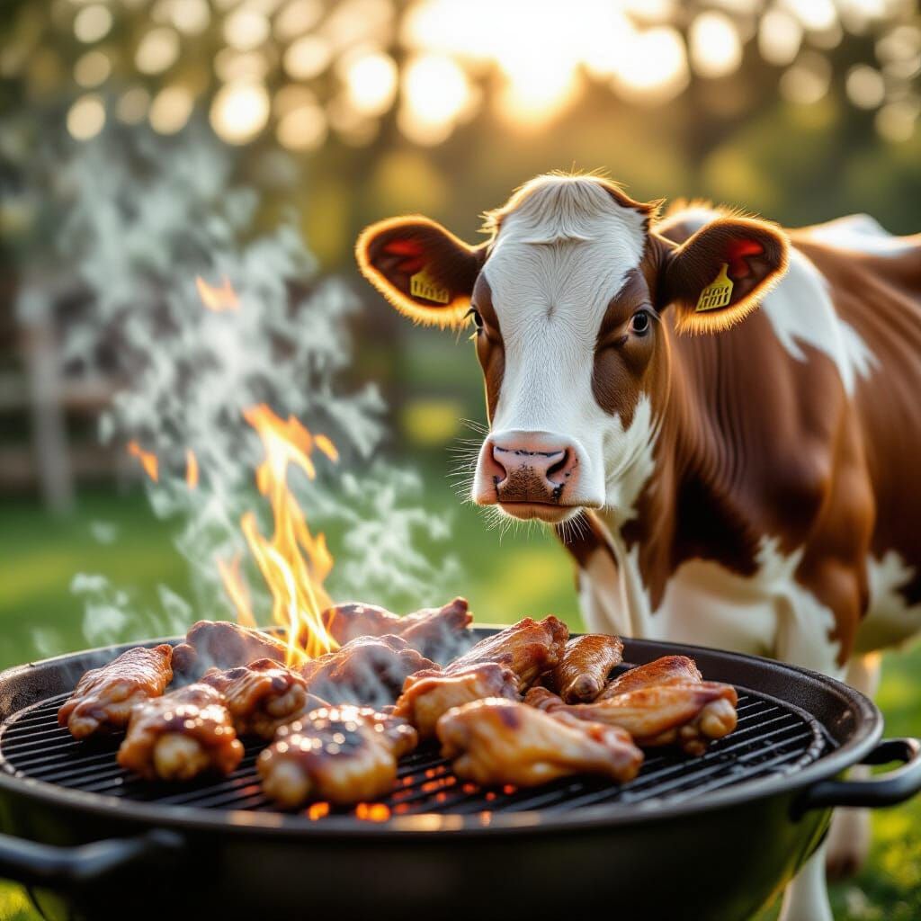 Cow Cooking Chicken Wings on Barbeque, Professional Photogra...