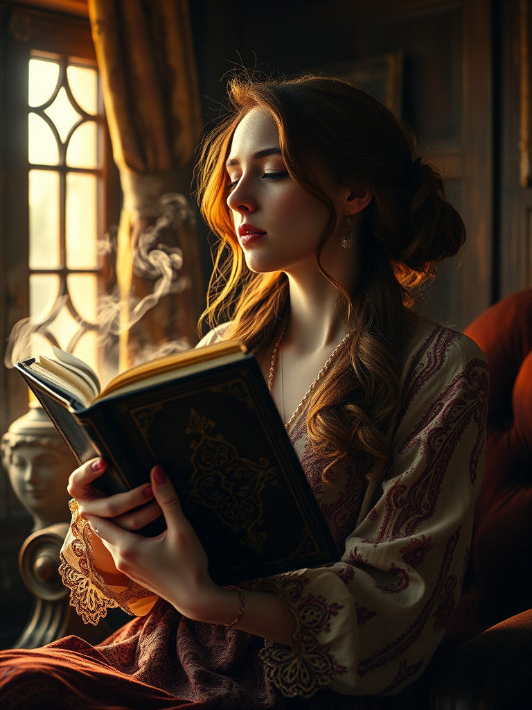 Nostalgic Woman with Photo Album in Dreamlike Style