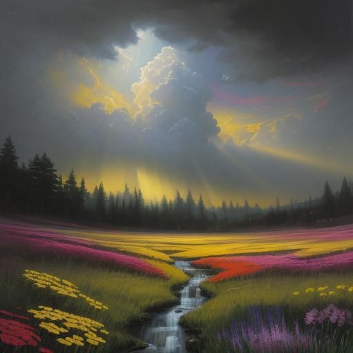 Sunlit Meadow with Graffiti Art in God Rays