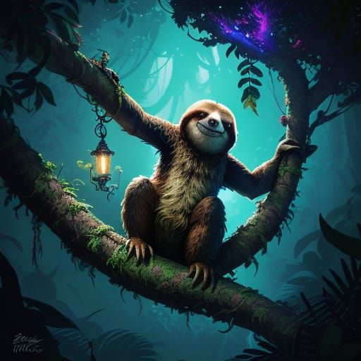 Vibrant Jungle Sloth in Splash Art Style
