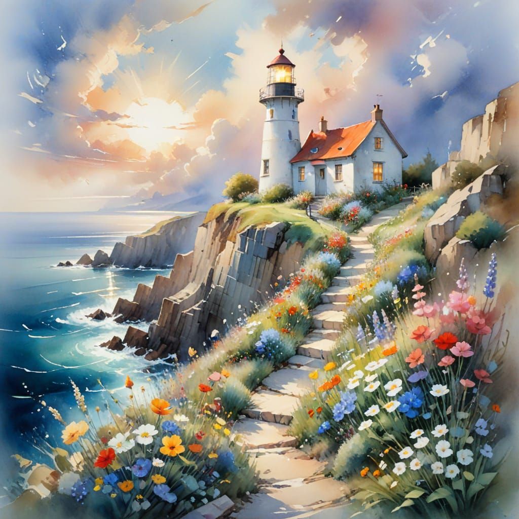 Watercolor Lighthouse Cottage Oceanscape Blending Styles