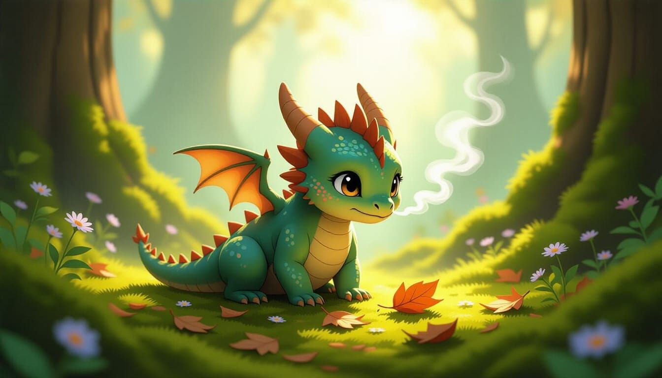 Baby Dragon in Ancient Forest, Miyazaki & Gurney Style
