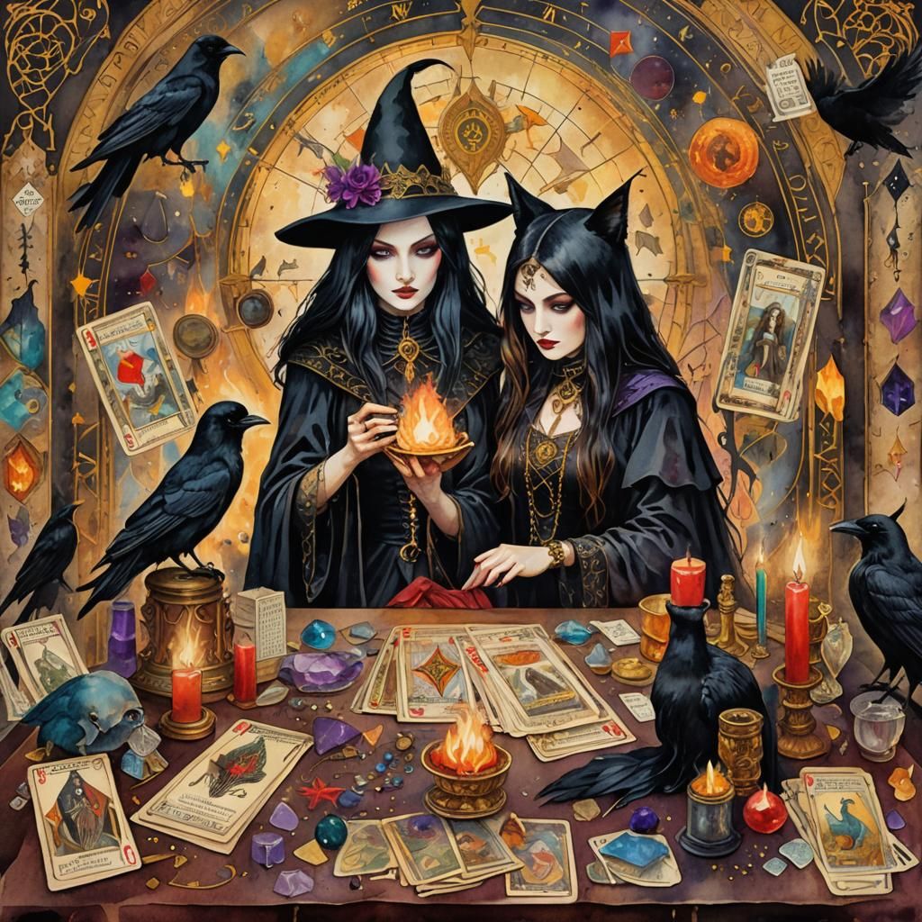 Gothic Watercolor: Female Magician at Ritual Altar