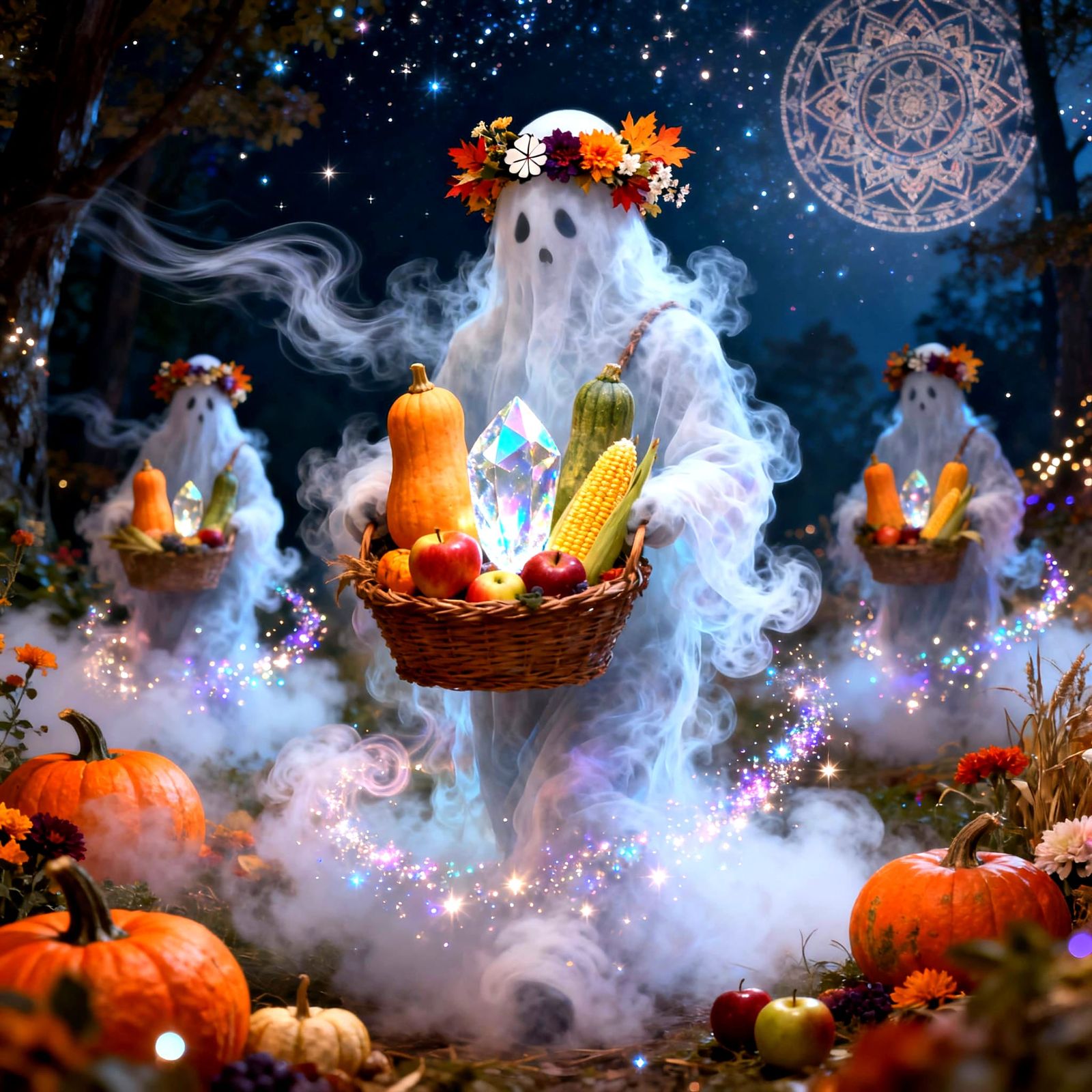 Ghostly Creature with Harvest Bounty in Magical Autumn Night