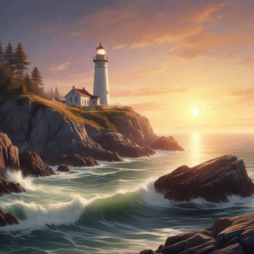 Lighthouse on Rocky Coast in Dreamy Watercolor