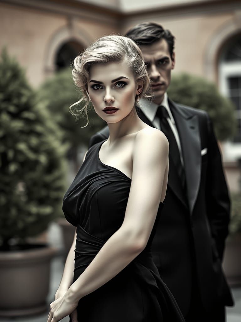 Elegant Couple in Black and White: A Cinematic Moment