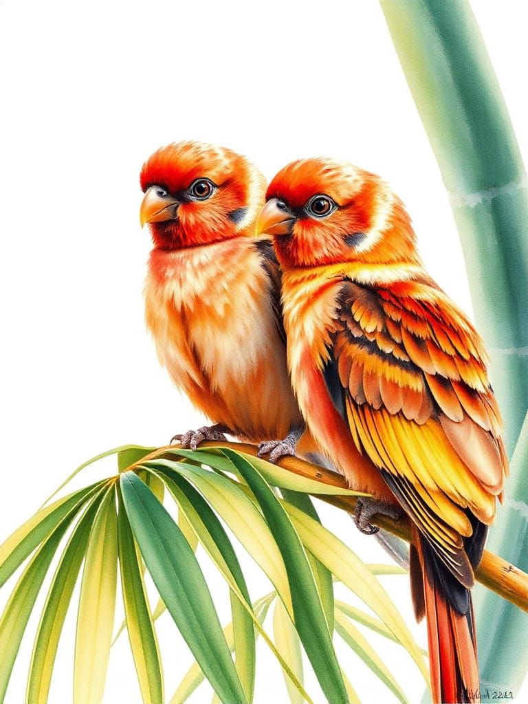 Rose-Gold Lovebirds on Bamboo in Watercolour Style