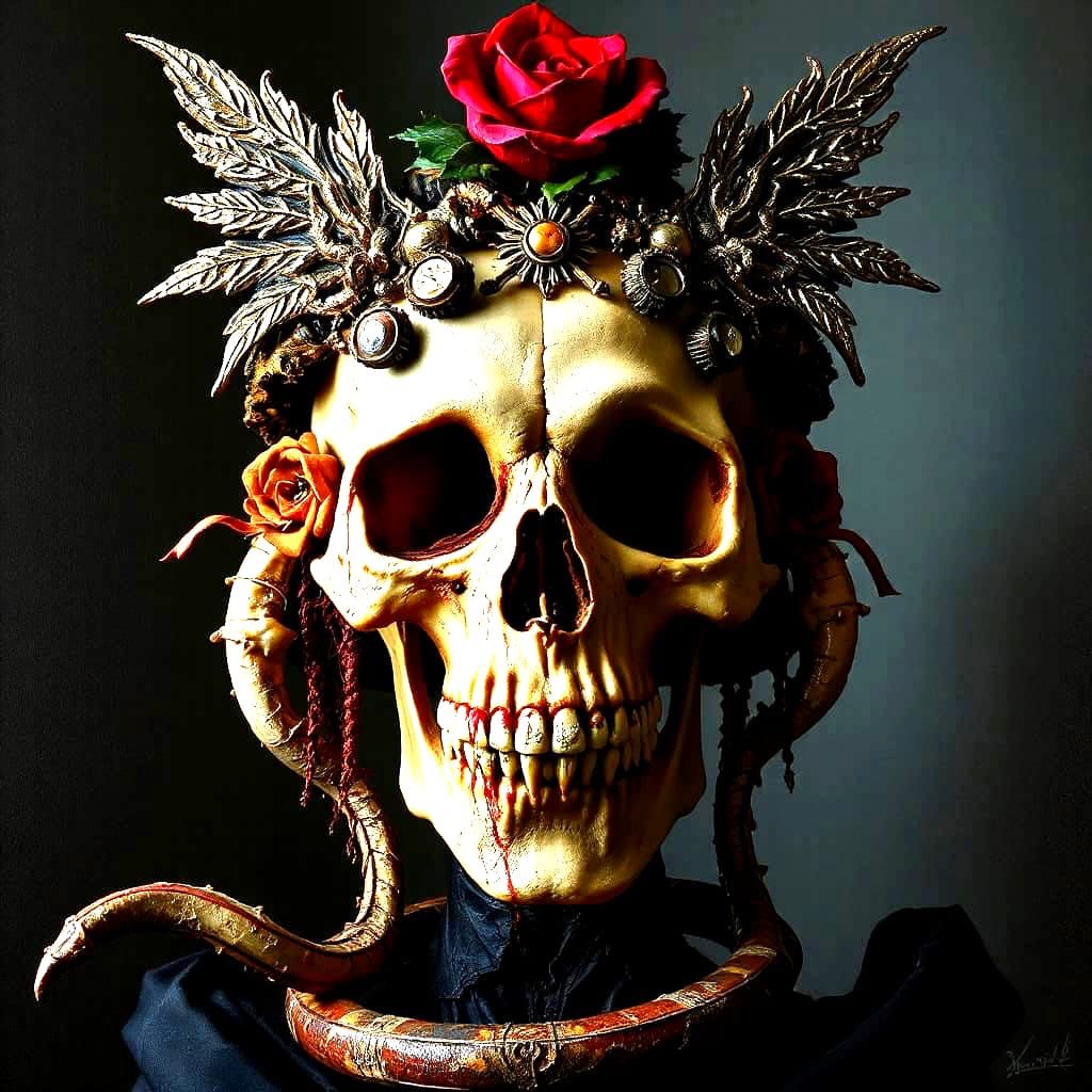 A luxurious, ornate human skull with intricate gothic embell...