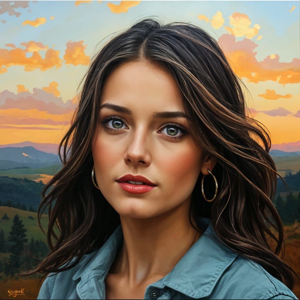 Colorful Oil Painting of a Beautiful Woman in Landscape