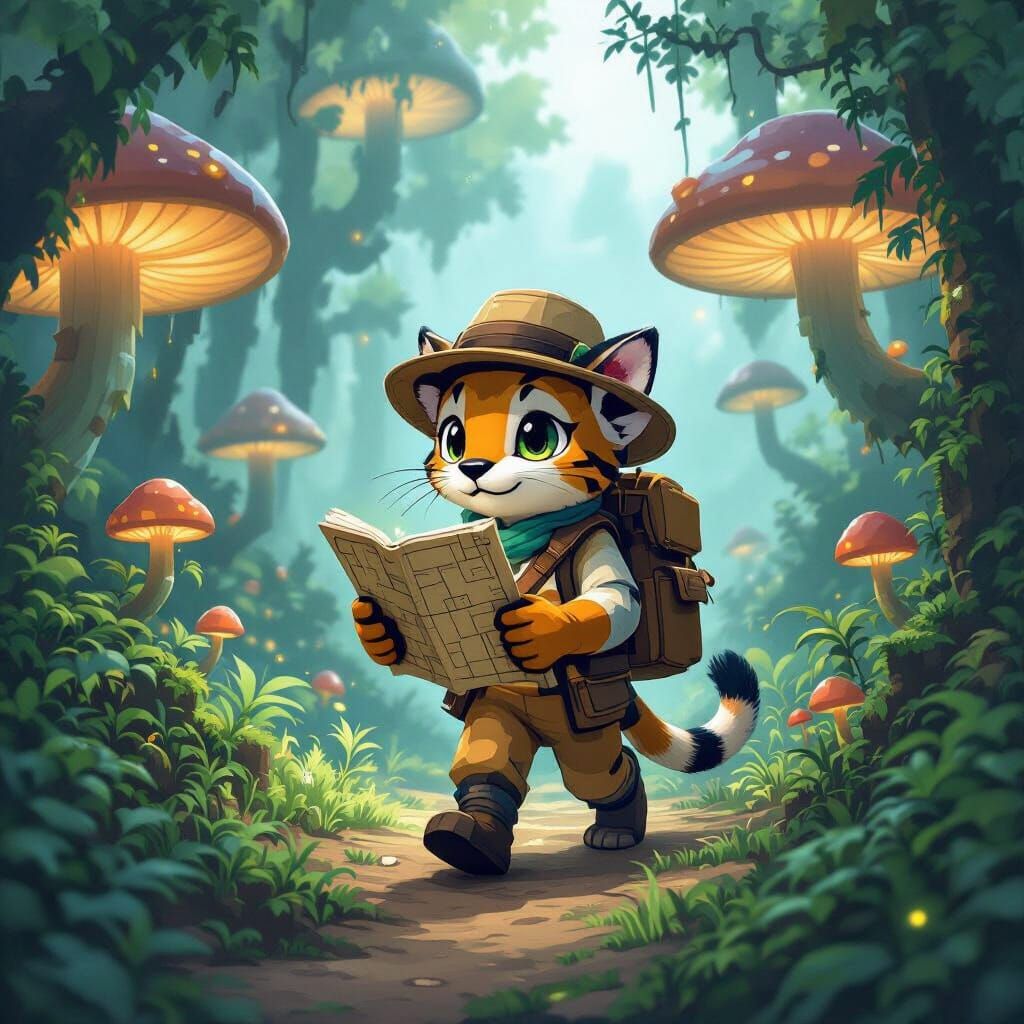 Ocelot Explorer in Bioluminescent Jungle, Ghibli Style