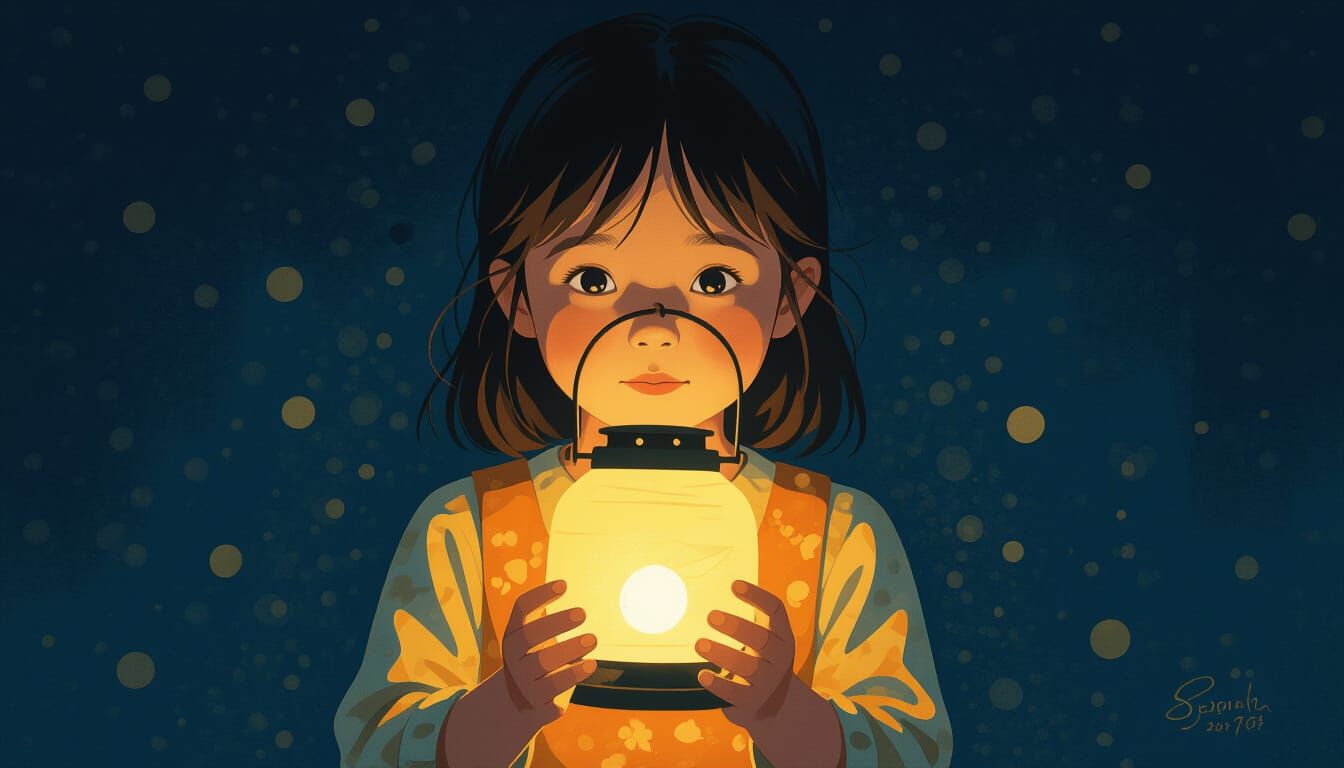 Innocent Girl Holds Glowing Lantern in Surreal Minimalist St...