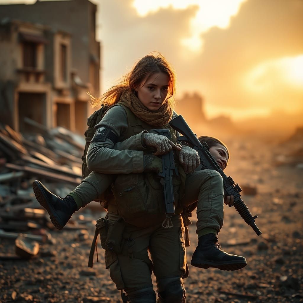 Female Soldier Rescuing Comrade in War-Torn Landscape