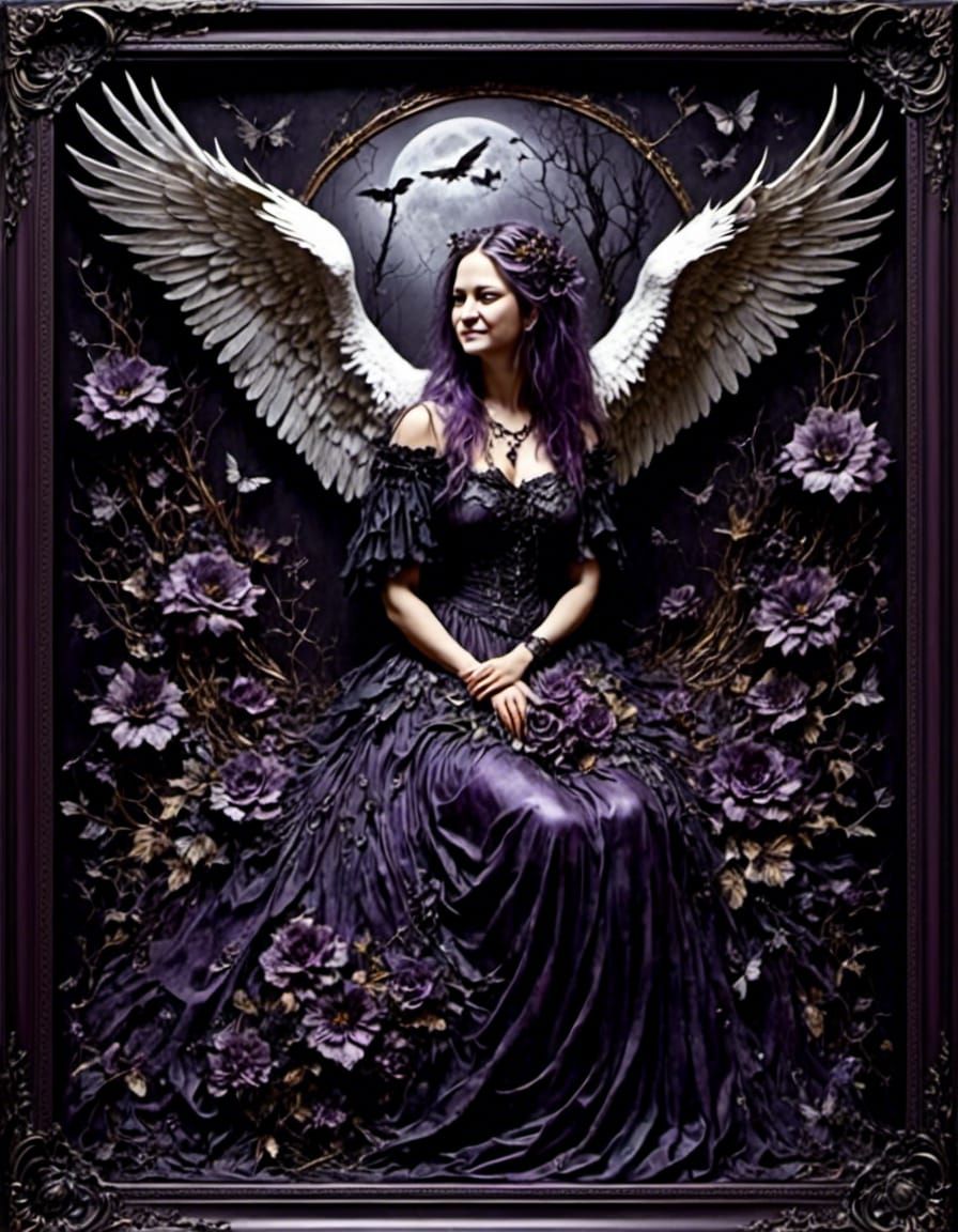 Mysterious Gothic Angel Woman with Wings in a Lavender Flora...