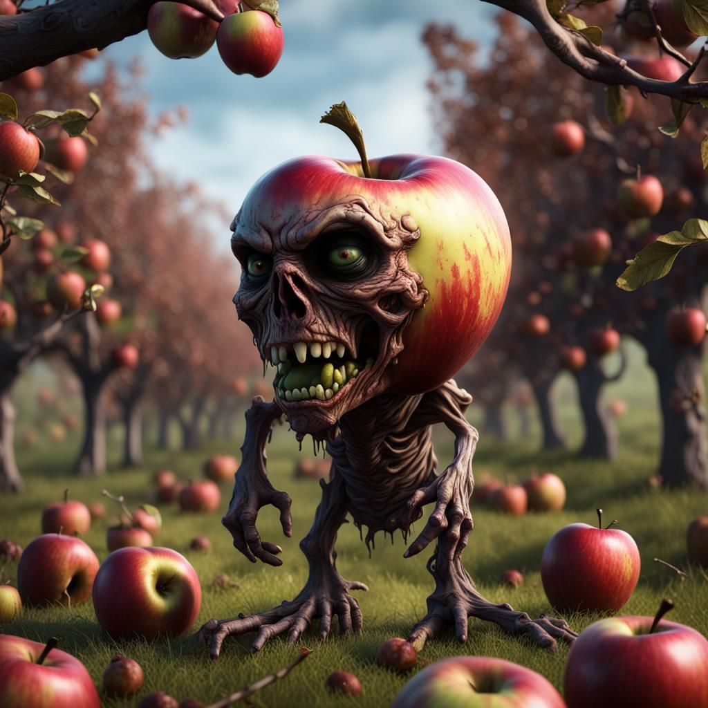 Rotting Apple Zombie in Orchard: Detailed Matte Painting