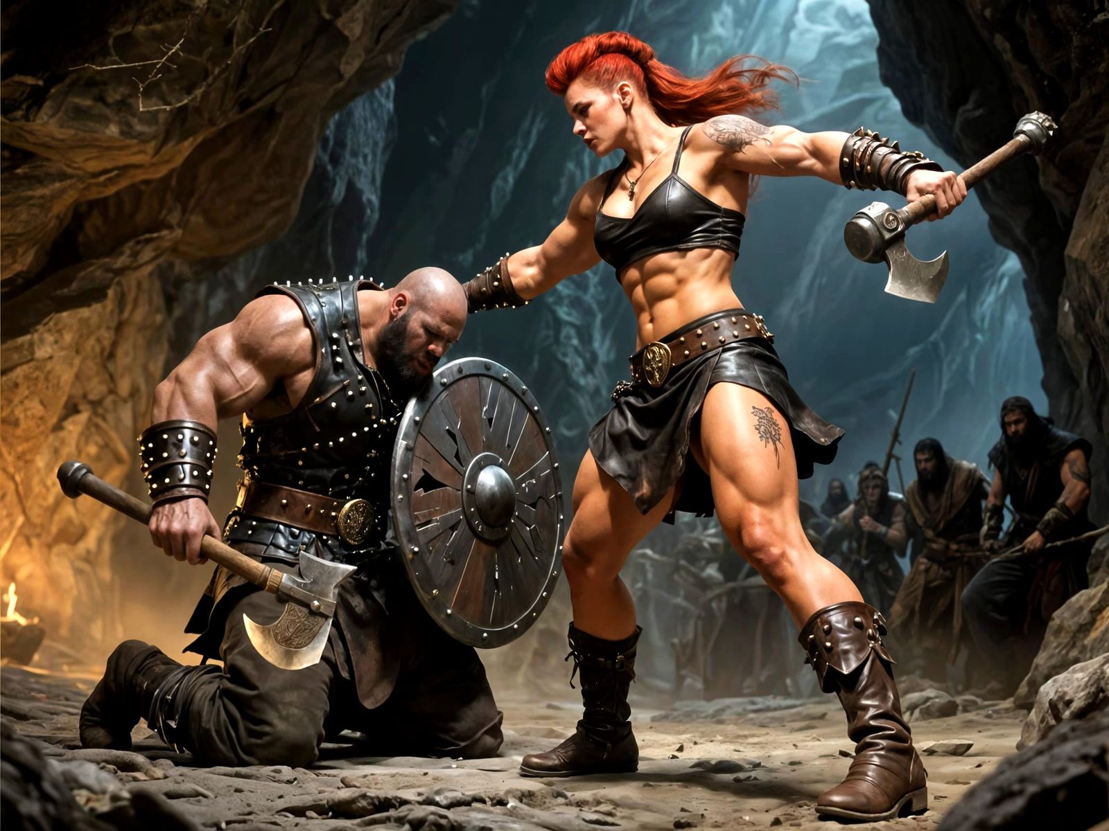 Amazonian Warrior Defeats Bandit Leader in Cave