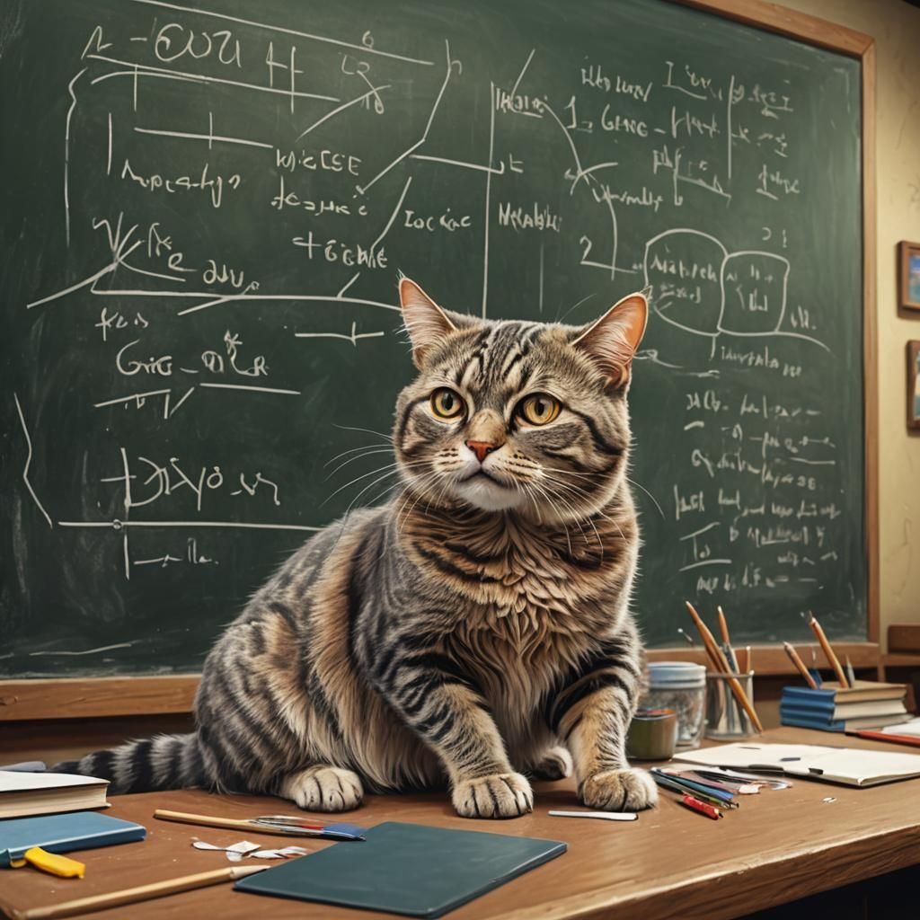 Hyperrealistic Cat Teacher in Classroom with Mice