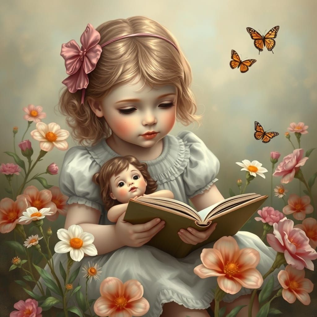 Girl Reading with Doll and Butterflies