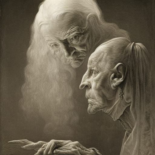 Haunting Reflection of an Elderly Woman in Mirror