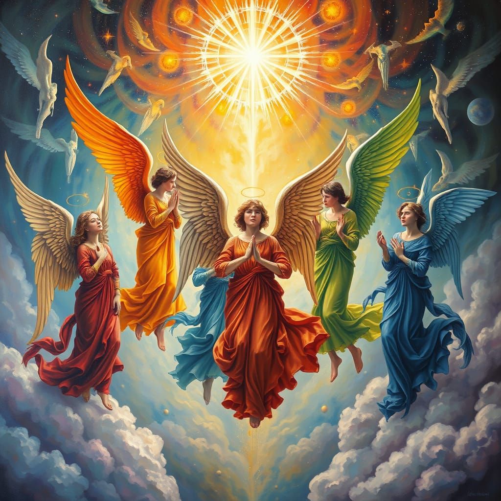 Archangels in Spectrum of Colors: Surreal Oil Painting