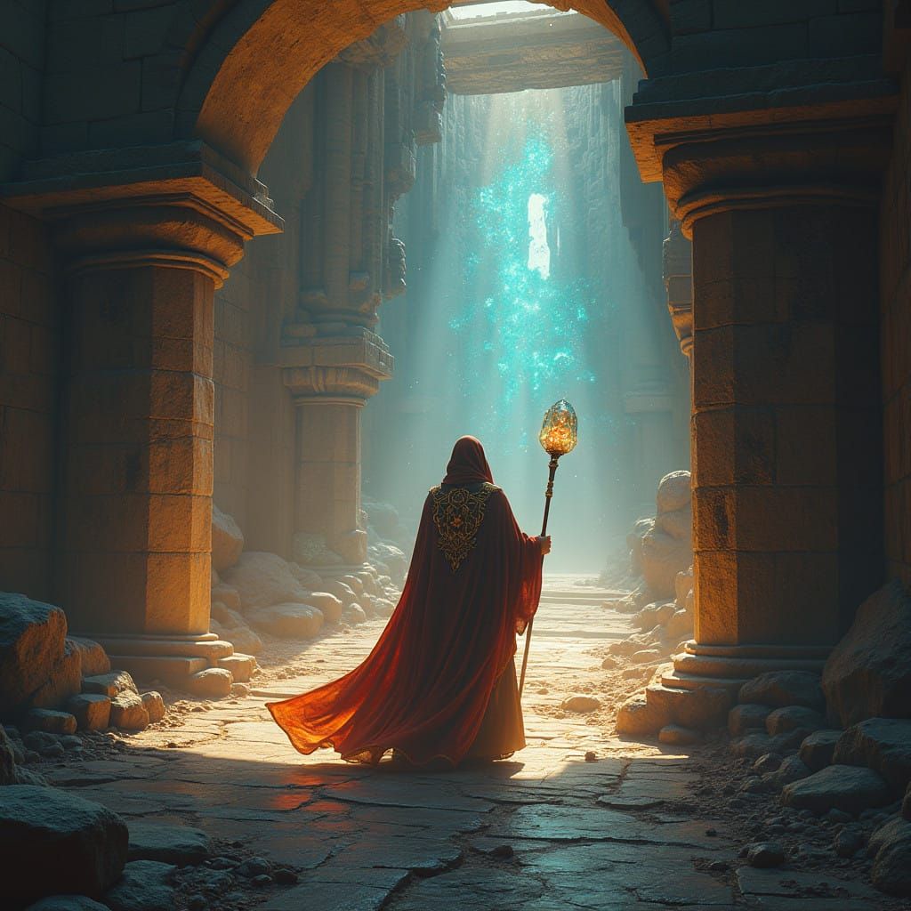 Ancient Guardian of Mystical Temple Illuminated by Celestial...