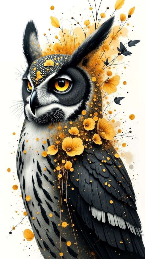 Surreal Owl with Petal Crown in Double Exposure