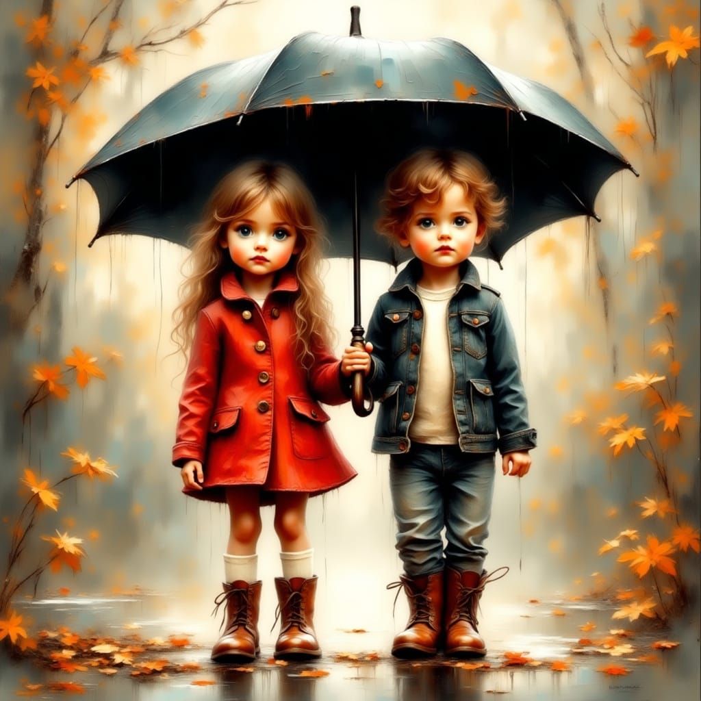 Children in Boots Under Umbrella, Storybook Style