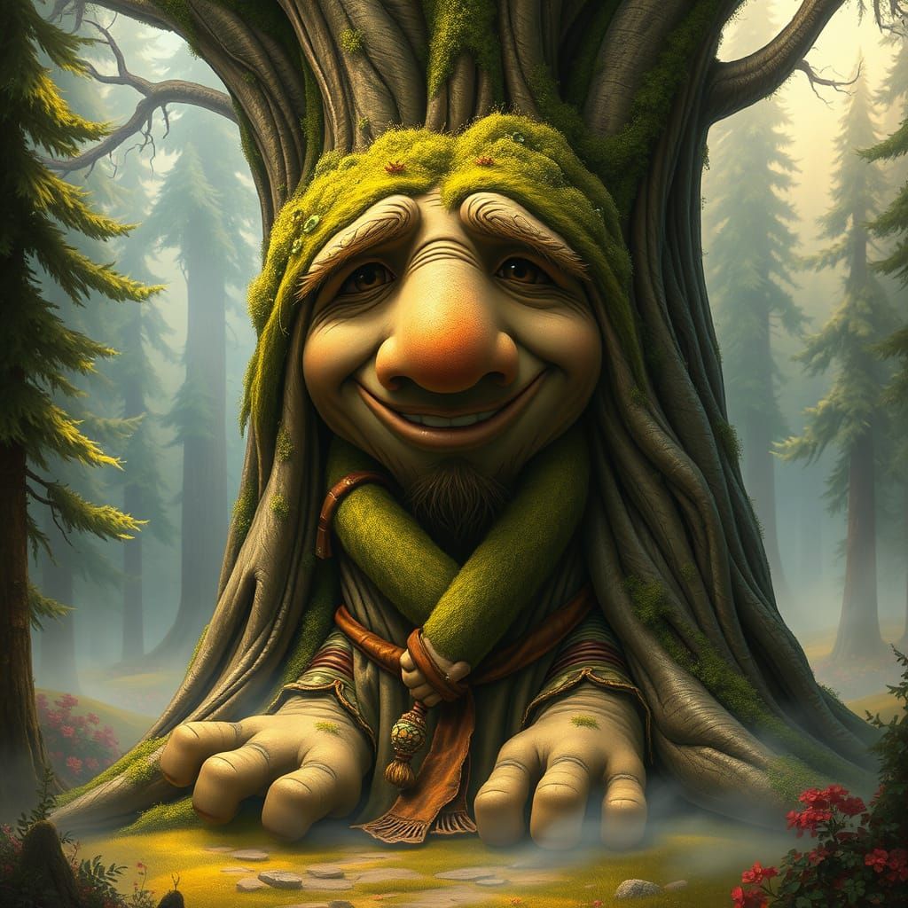 Whimsical Tree Character in Moss Robes