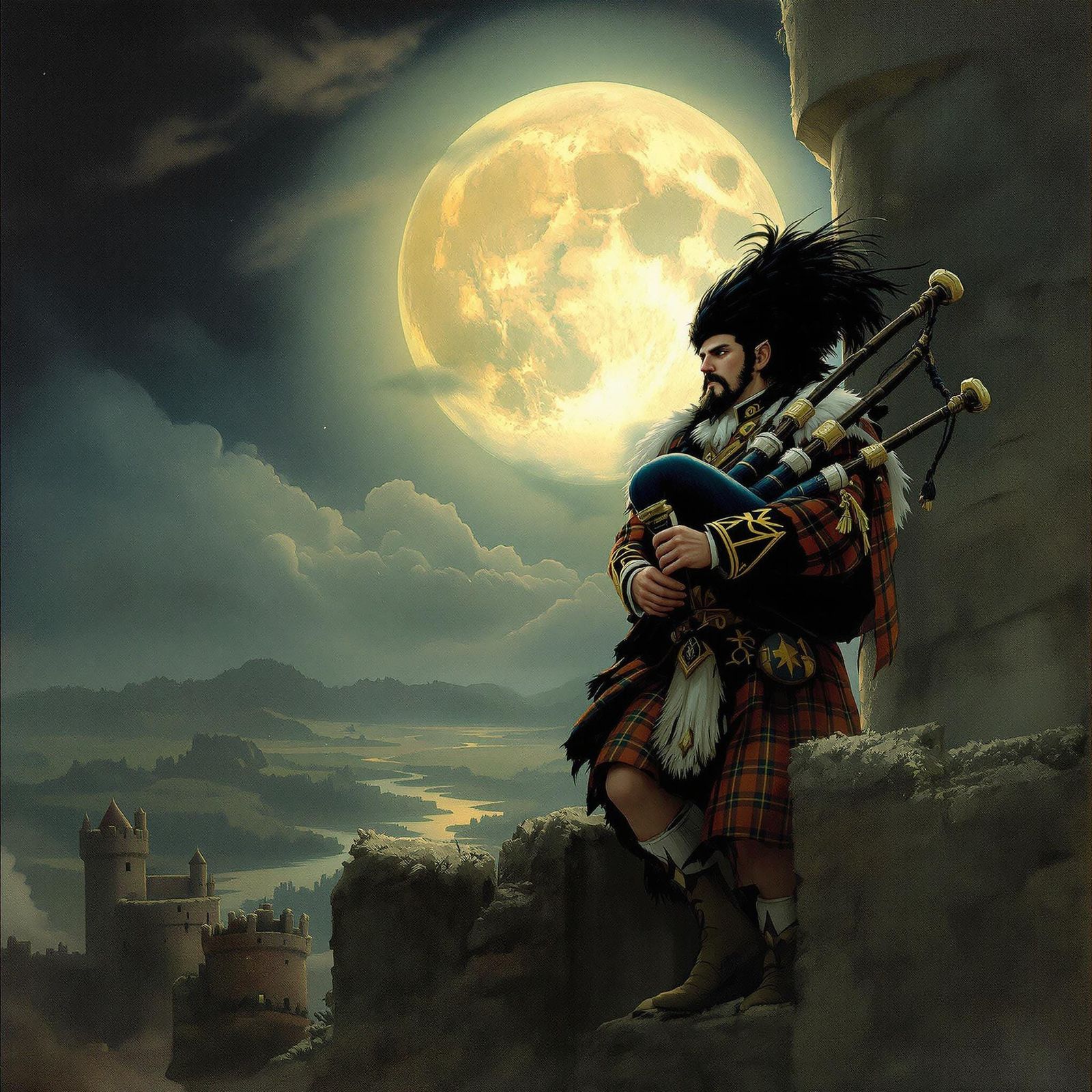 Bagpiper on Castle Under Moonlight in Romantic Style