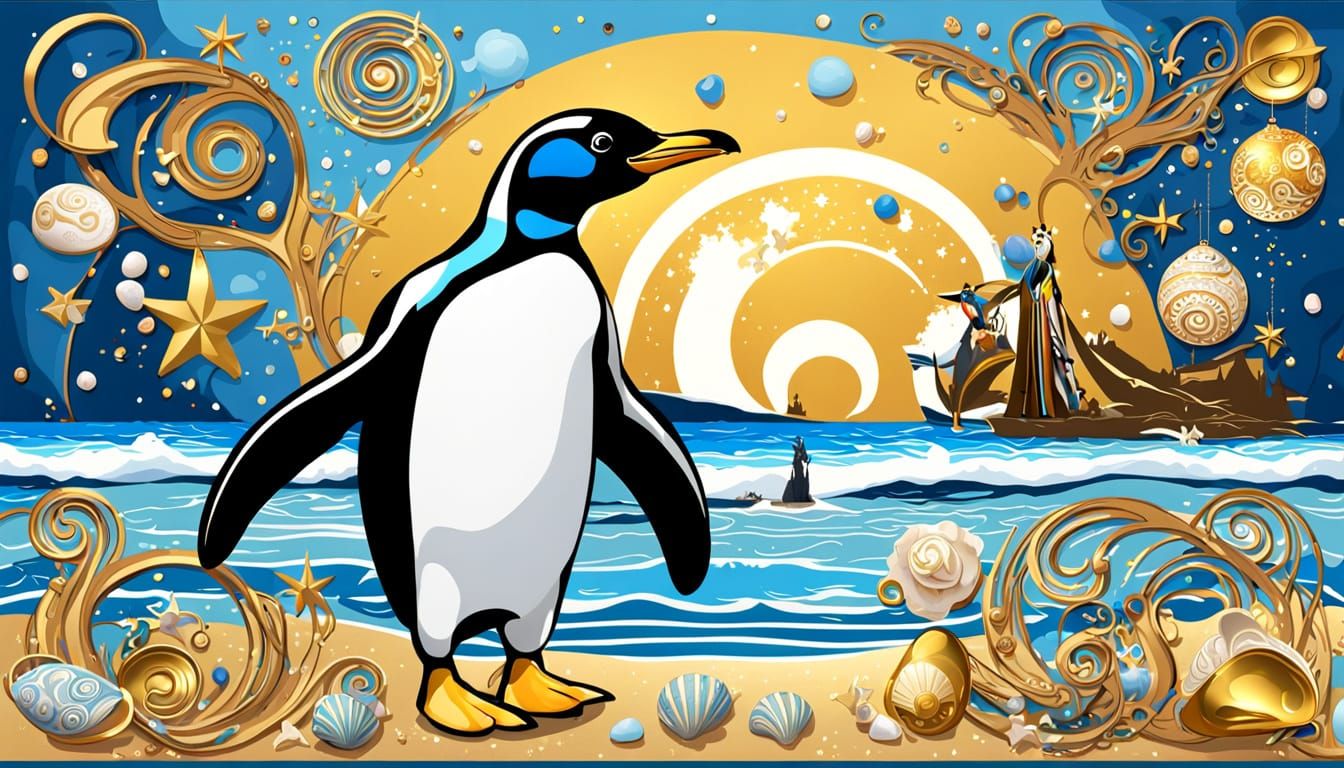 Gilded Penguin in Beach Holiday Splendor