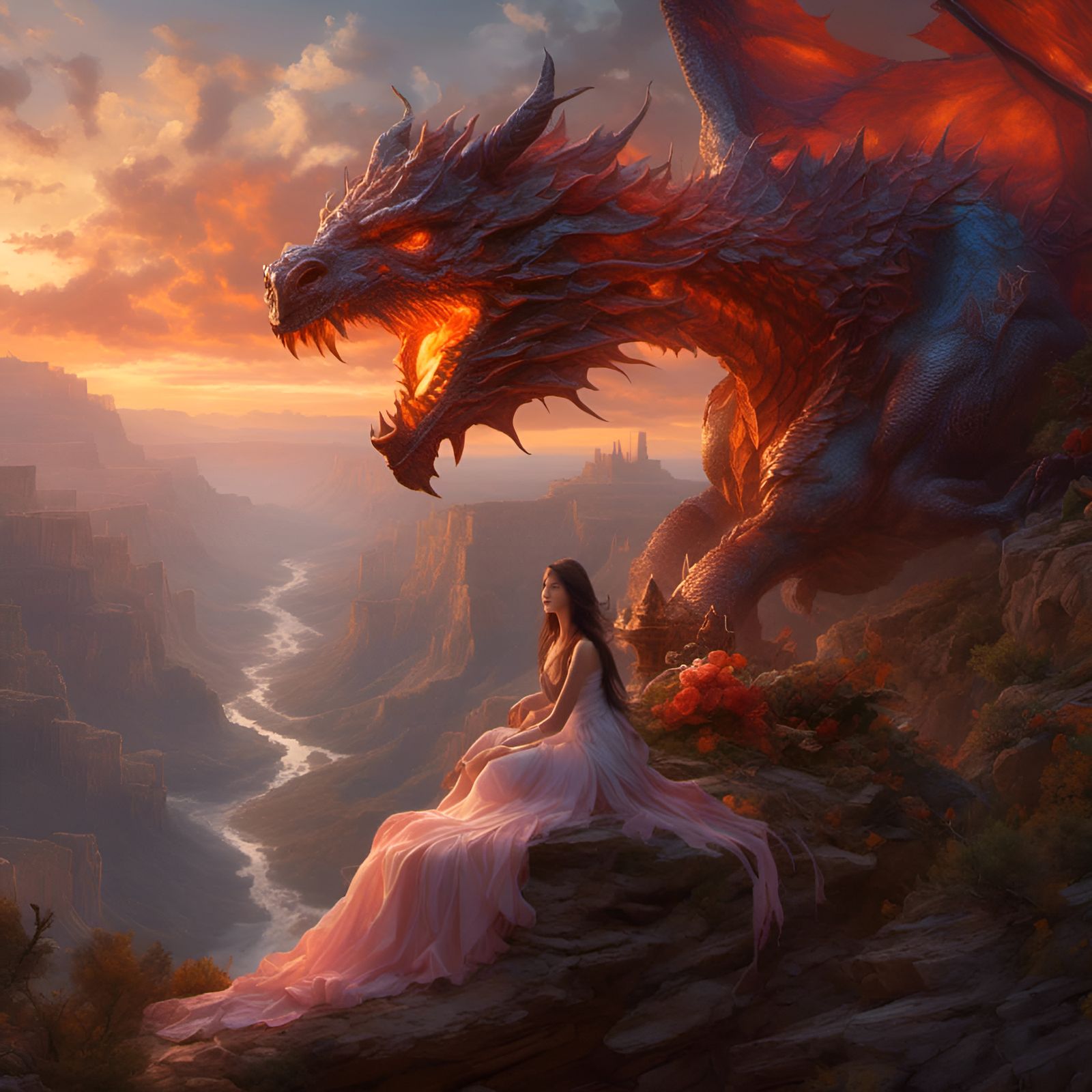 Princess and Dragon Overlook Canyon in Hyperreal Style