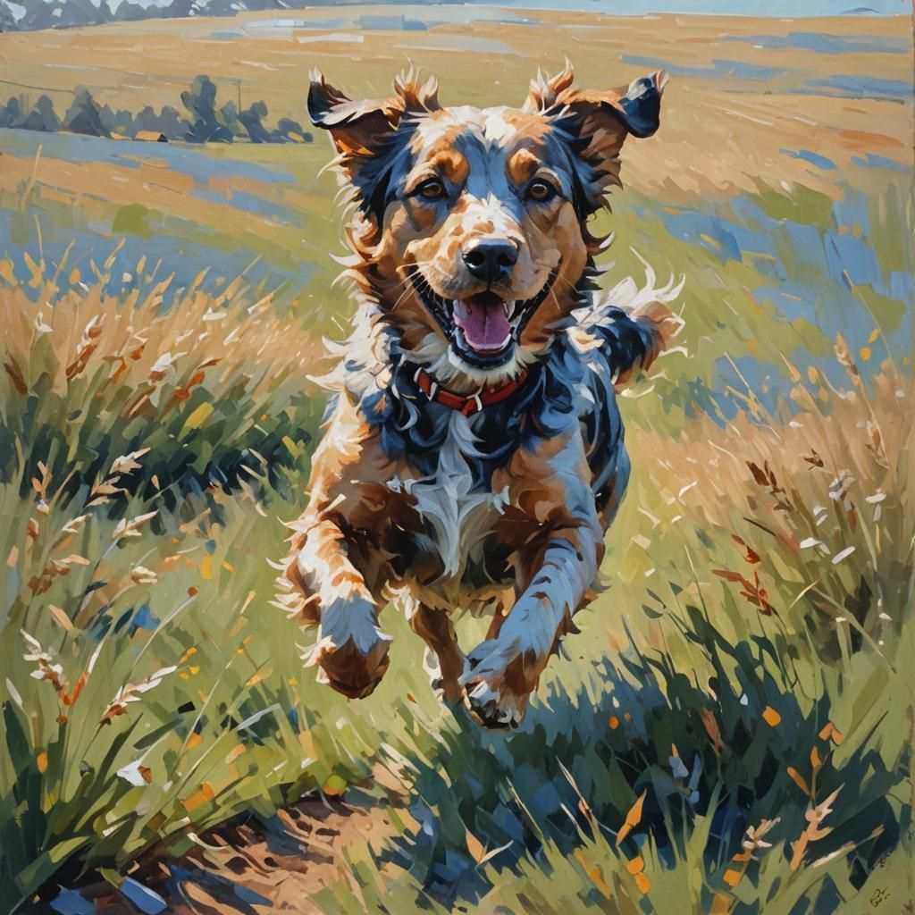 Impressionist Dog Portrait in a Sunny Field