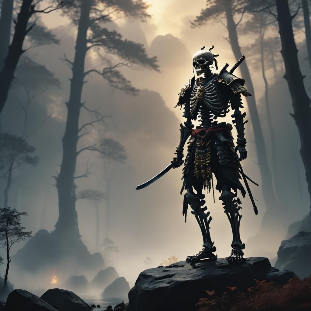 Skeleton Ronin detailed matte painting, deep color, fantastical, intricate detail, splash screen, complementary colors, ...