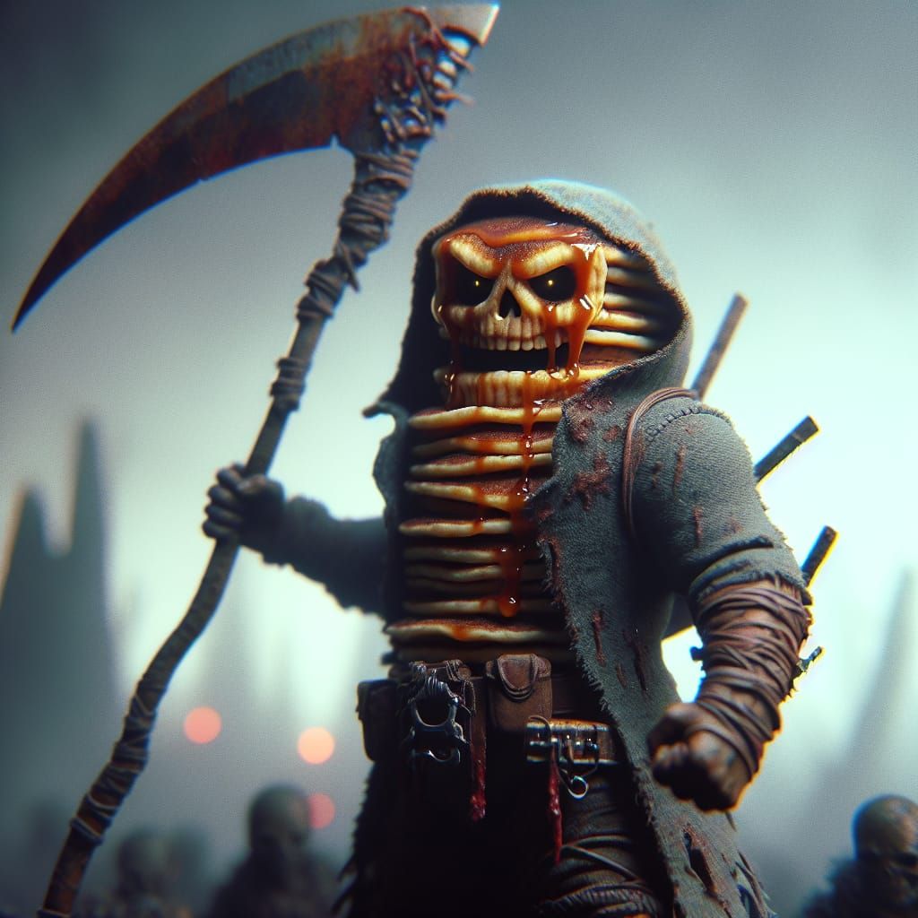 Pancake Grim Reaper in Dystopian Landscape