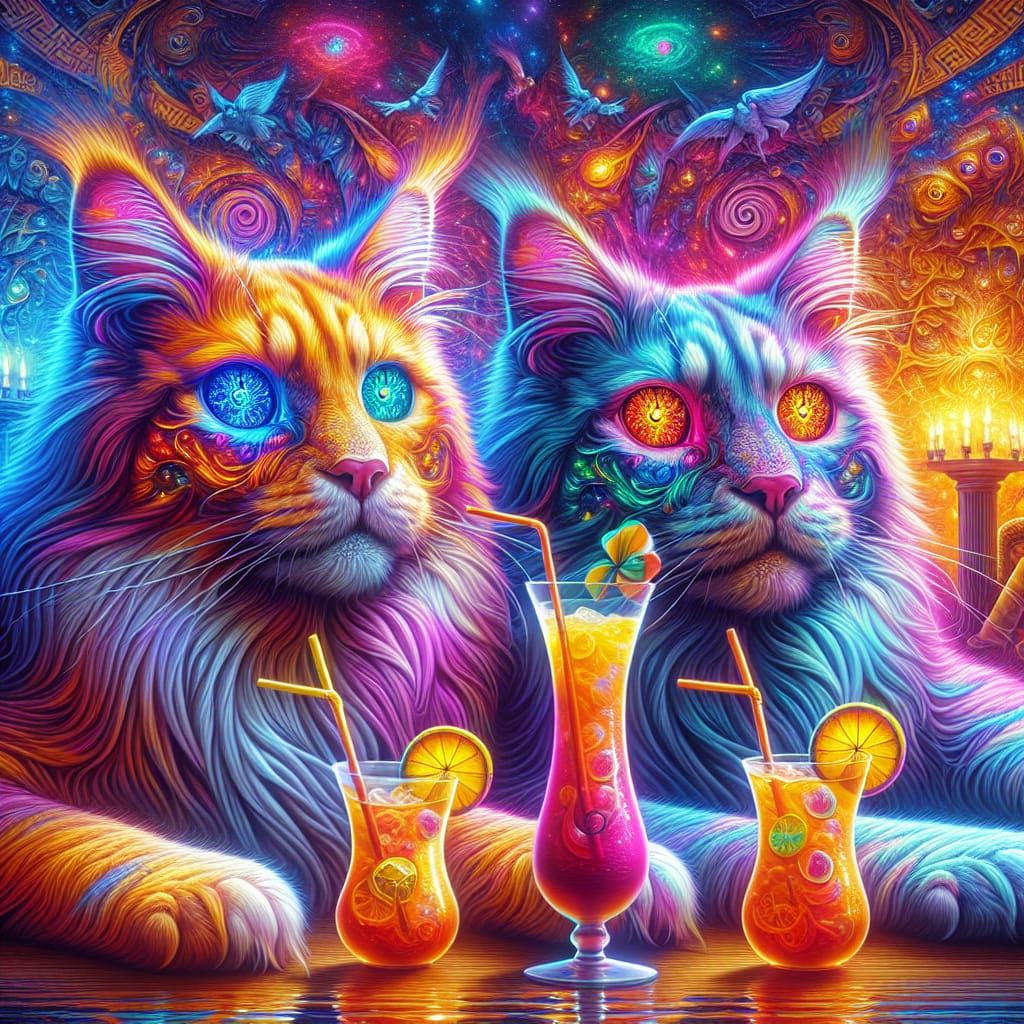 Maine Coon Cats Enjoying Cocktails by the Pool
