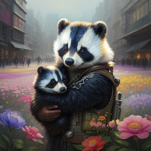 Baby Badger in Flowers, Gouache and Watercolour Painting