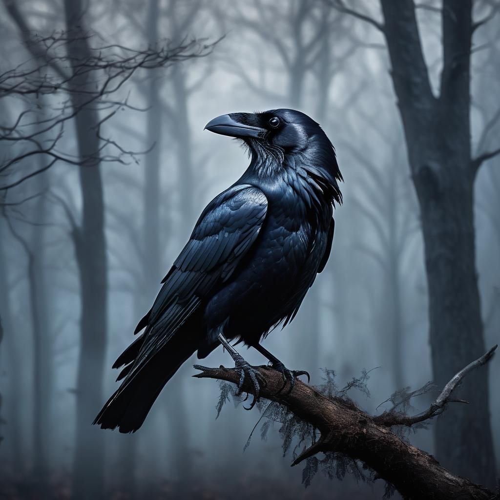 Raven in Ethereal Forest with Shadow Birds