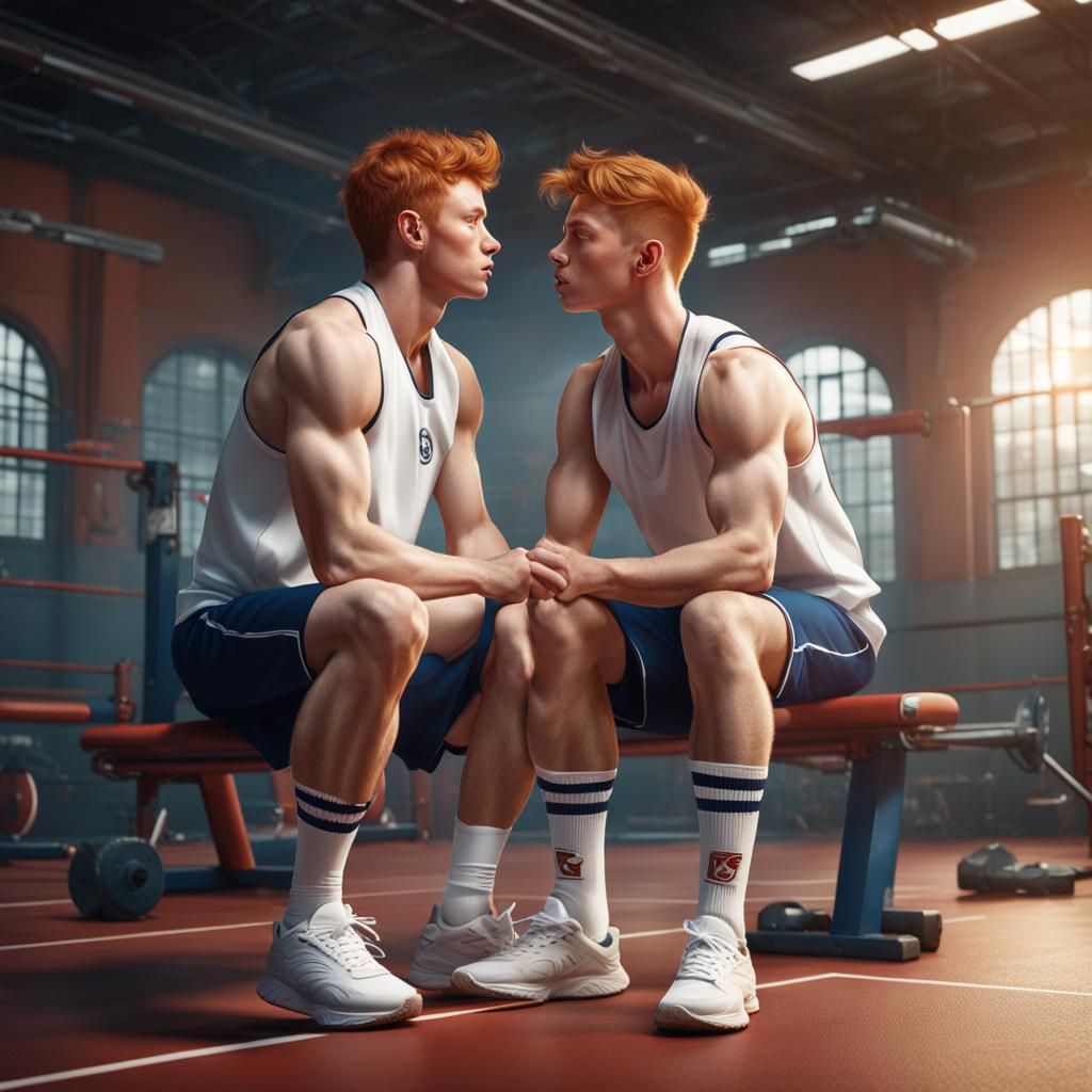 Shirtless Ginger Studs Kissing in Gym: Detailed Digital Art
