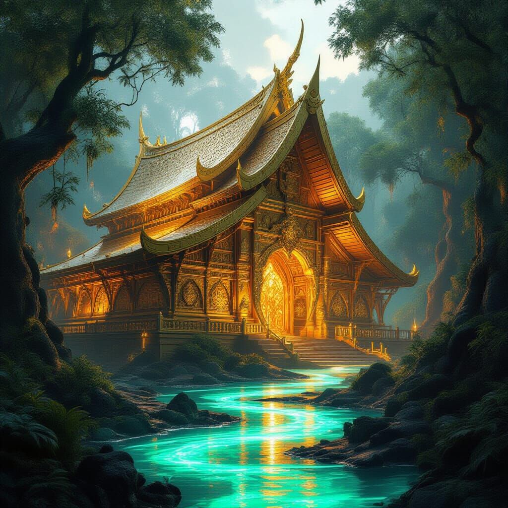 Colossal Molten Gold Longhouse in Bioluminescent Forest