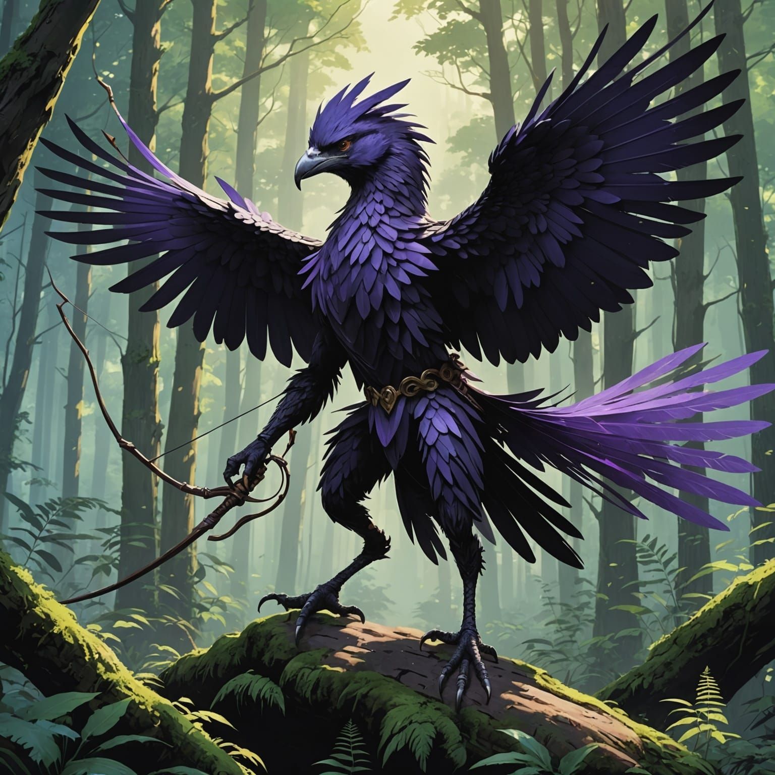 Aarakocra Archer in Forest, Anime Key Visual