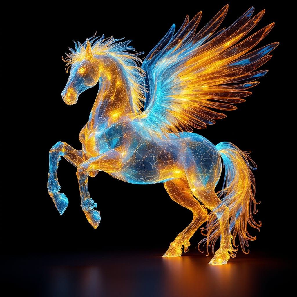 Create a detailed and photorealistic 16K resolution CGI art image of a transparent Pegasus
made of fragile colored lava ...