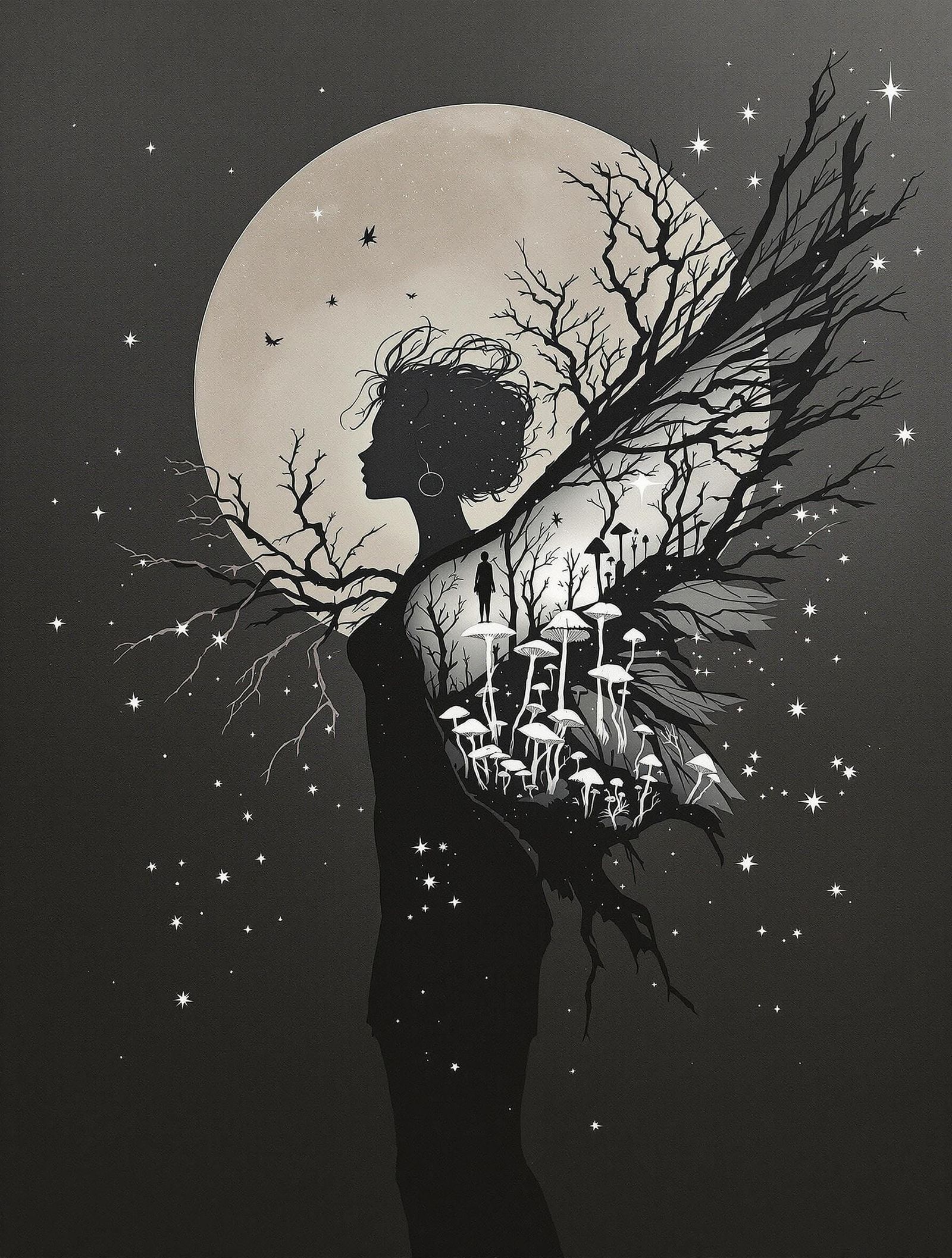 Gothic Fairy Amidst Twisted Trees and Flickering Fireflies