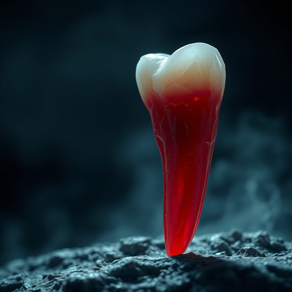 Hyperrealistic Ruby Tooth on Dark Background