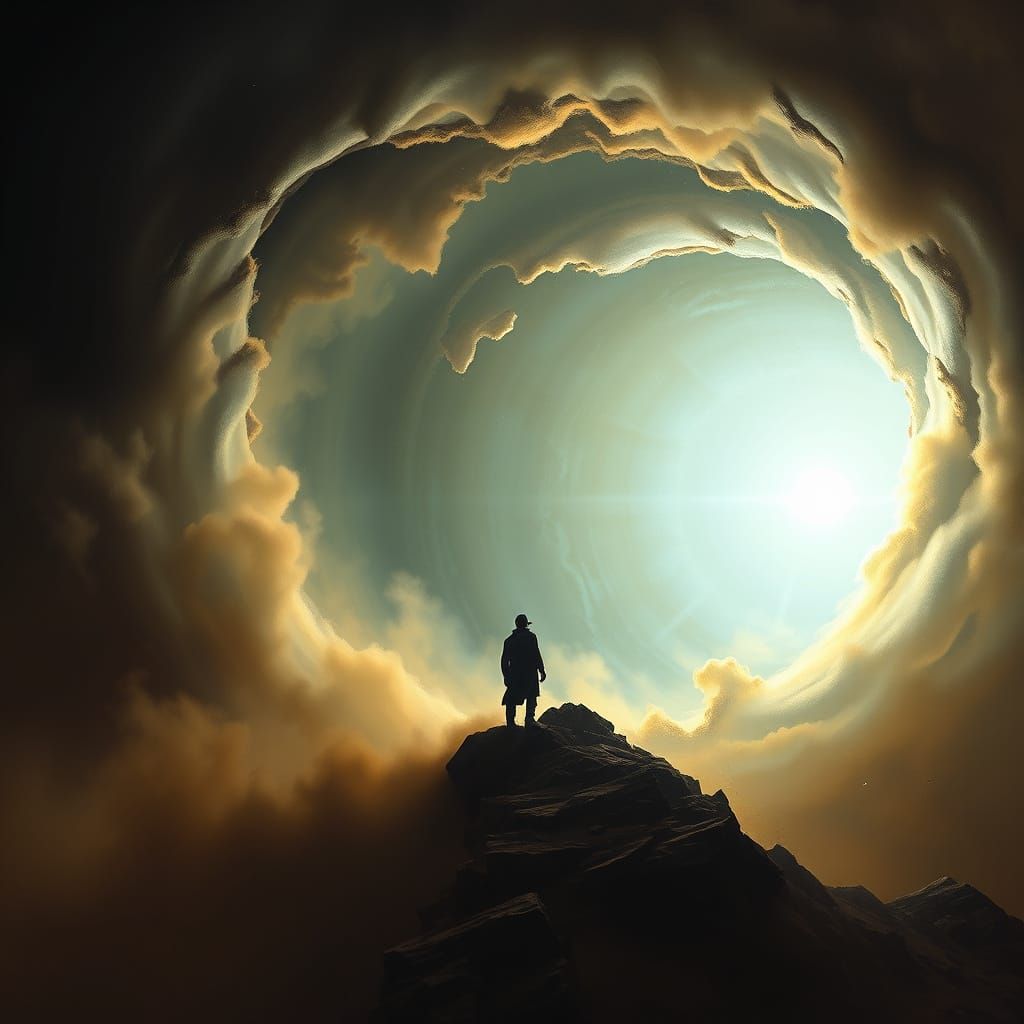 Figure Reaches For Light In Cosmic Vortex Painting