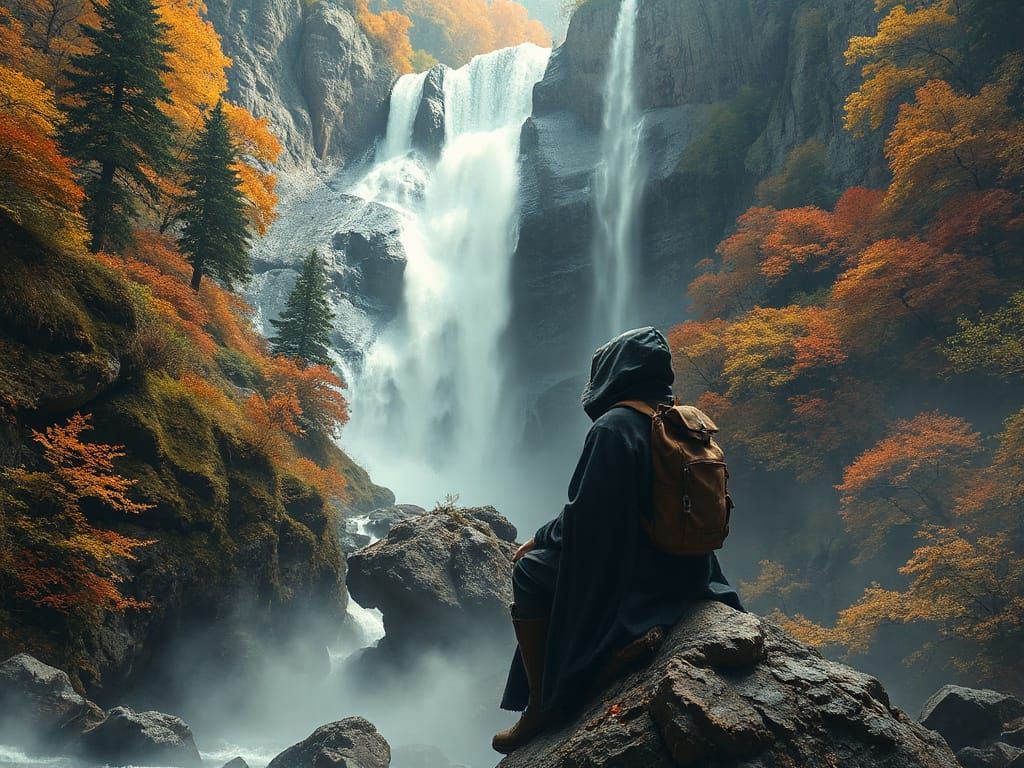 Lone Traveler by Autumn Waterfall in Fantasy Concept Art