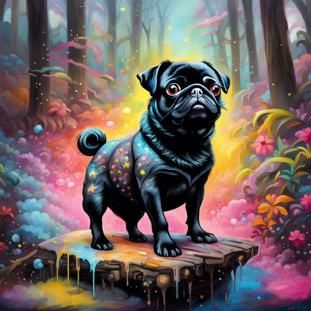 Black Pug Rides Unicorn: Graffiti Splash Art
