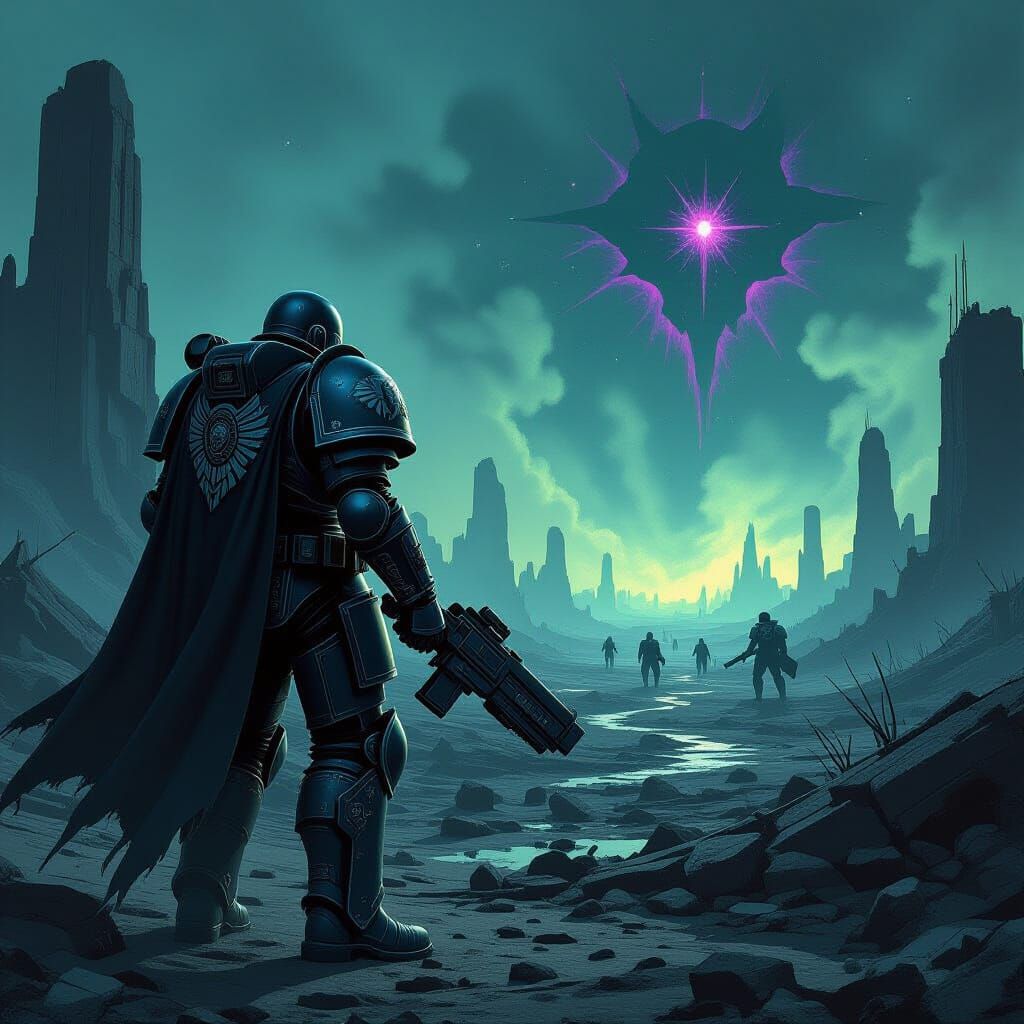 Space Marine Surveys Alien Battlefield in Cosmic Horror Styl...