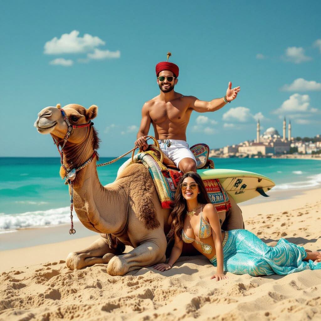 Camel Surfer Scene on a Sunny Beach