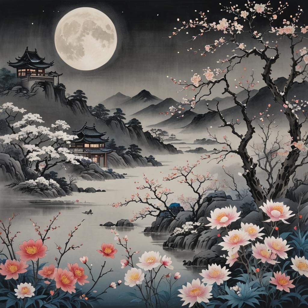 Serene Moonlit Flowers in Chinese Ink Painting